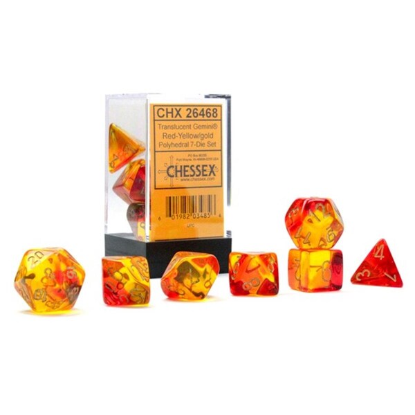 Time2Play Cube Gemini Translucent Red & Yellow Dice with Gold Numbers, Set of 7 TI3298985 - main